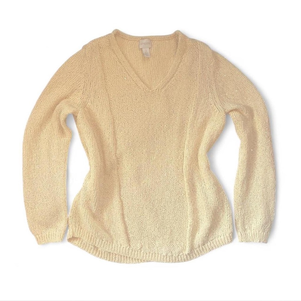 Chico’s Cream Gold Metallic Knit Sweater V Neck Cozy Size 2 - Picture 3 of 7